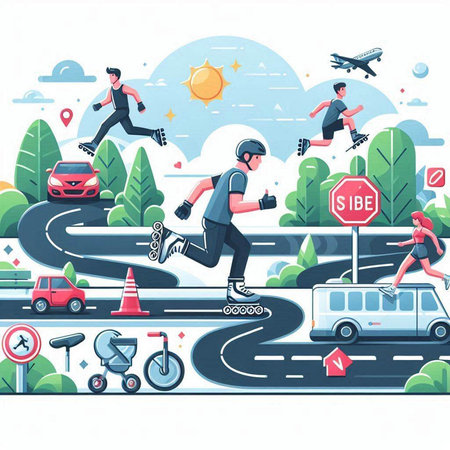 Vector illustration of people rollerblading on the road. Flat style.のイラスト素材