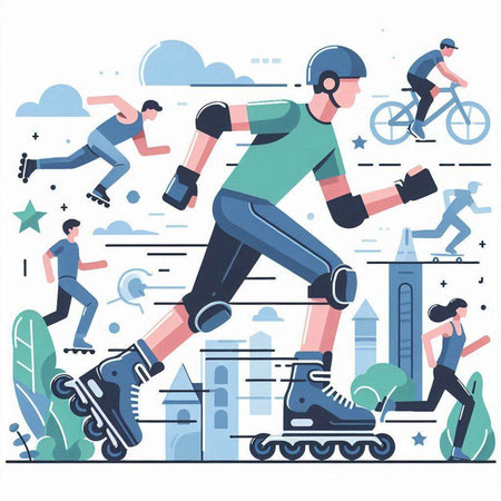 Roller skates in the city. Vector illustration in flat styleのイラスト素材