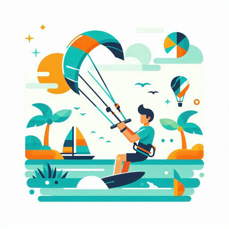 Kitesurfing flat vector illustration. Man riding a kite in the sea. Summer vacation concept.のイラスト素材