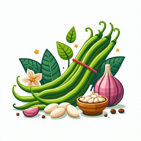 Vegetable and Herb Illustration of Green Beans, Garlic, Peanut and Onionのイラスト素材