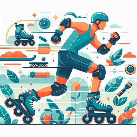 Vector illustration of roller skates. Skateboarder riding in the park.のイラスト素材