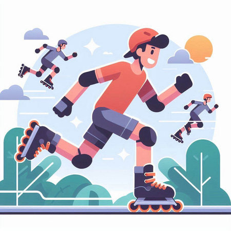 Roller skating vector illustration. Cartoon man riding on roller skates in park.のイラスト素材