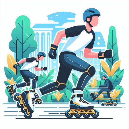 People rollerblading in the park. Vector illustration in flat styleのイラスト素材
