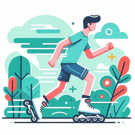 Man riding on roller skates in the park. Flat vector illustration.のイラスト素材