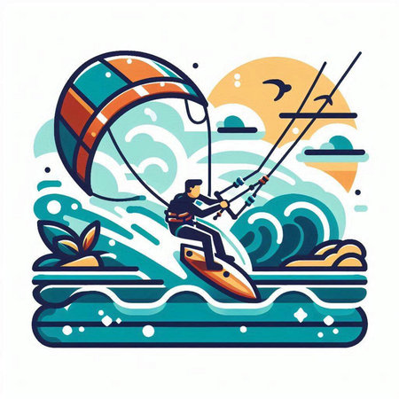 Kitesurfing. Vector illustration. Kitesurfer rides on the waves.のイラスト素材