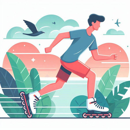 Man on roller skates in the park. Flat vector illustration.のイラスト素材