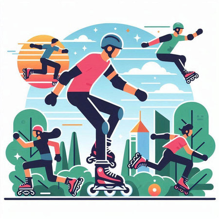 Roller skating flat vector illustration. Skateboarding, rollerblading, extreme sports, healthy lifestyle conceptのイラスト素材