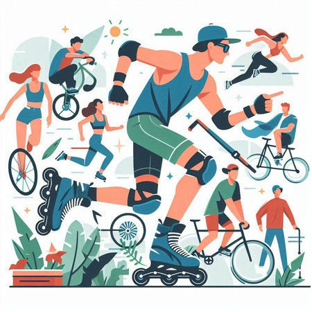 Active people on roller skates and bicycles. Flat vector illustration.のイラスト素材