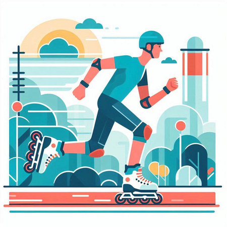 Man rollerblading in the park. Outdoor activities. Flat vector illustration.のイラスト素材