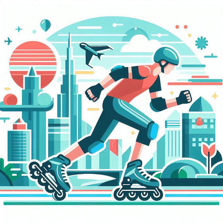 Roller skating in the city. Vector illustration in flat style.のイラスト素材