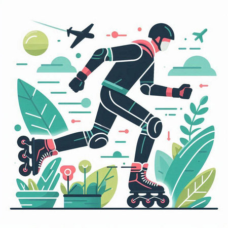 Roller skating flat vector illustration. Skateboarder riding in park.のイラスト素材