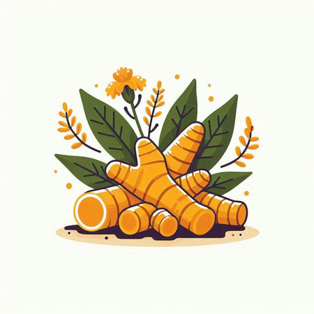 Ginger root and leaves. Vector illustration in a flat style.のイラスト素材