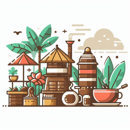 Vector illustration of tea house and tea pot on white background. Flat style.のイラスト素材