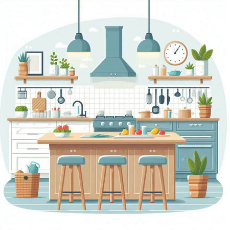 Kitchen interior with furniture and equipment. Flat style vector illustration.のイラスト素材