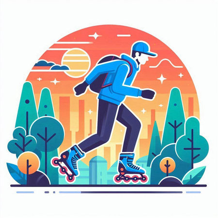 Roller skating in the park. Flat vector illustration of a man on roller skates.のイラスト素材