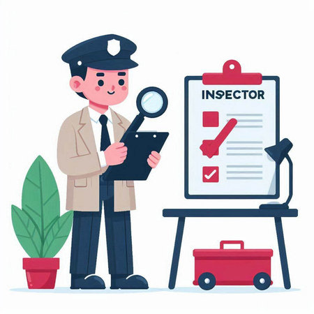 Police officer with checklist and magnifier. Vector illustration in cartoon styleのイラスト素材