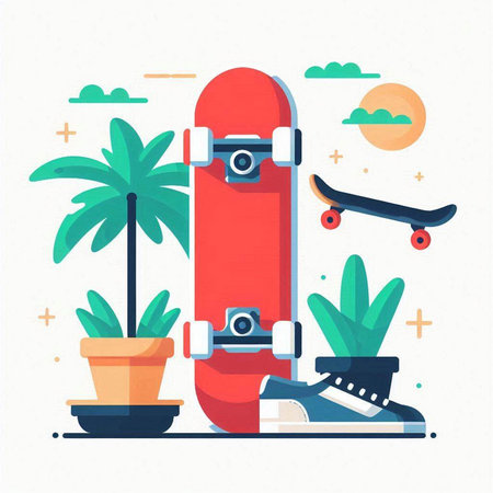 Skateboard, palm tree, flip flops. Flat vector illustration.のイラスト素材