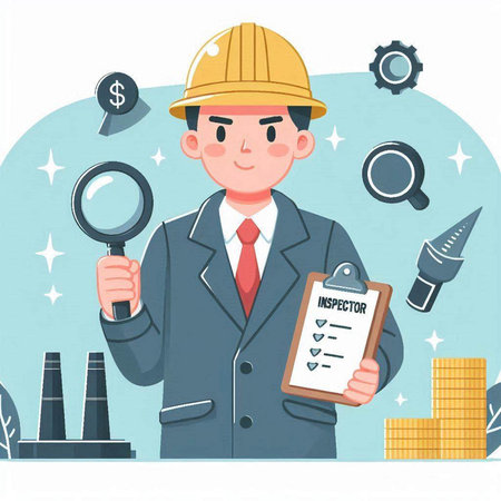 Engineer with magnifying glass and checklist. Vector illustration in flat styleのイラスト素材