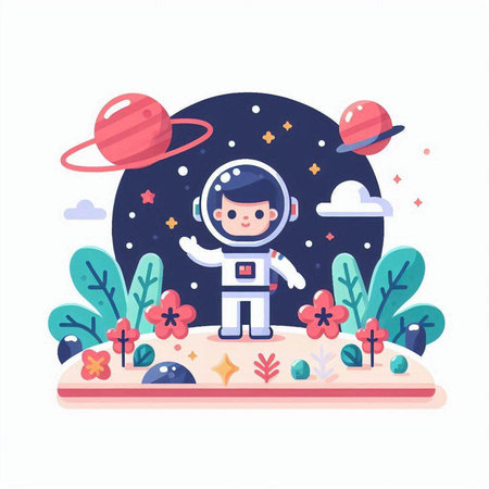 astronaut in the starry sky with planets, vector illustrationのイラスト素材