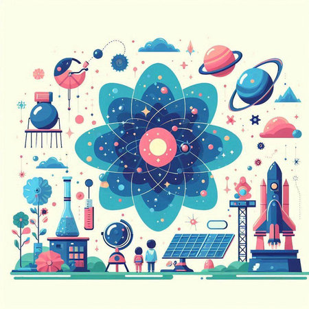 Vector illustration of science and education flat design concept with rocket, atom, planet, flask, rocket and other elements.のイラスト素材