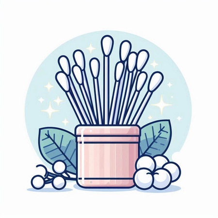 Cotton buds in a vase. Vector illustration in cartoon styleのイラスト素材