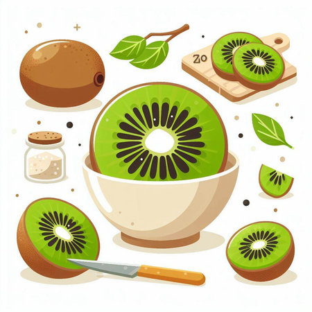 Kiwi fruit and kiwi slices in bowl vector illustration.のイラスト素材