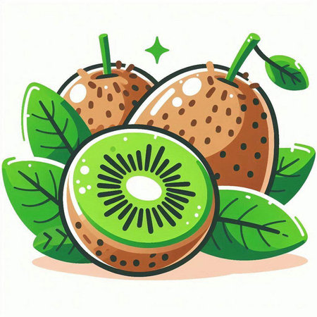 Kiwi fruit with leaves isolated on white background. Vector illustration.のイラスト素材
