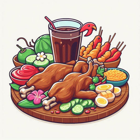 Illustration of a wooden plate with chicken legs, vegetables and sauce.のイラスト素材