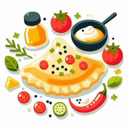 Illustration of pizza with cheese, tomato, herbs and sauce.のイラスト素材