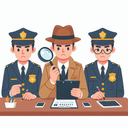 Policeman in uniform with magnifier and documents. Vector illustrationのイラスト素材