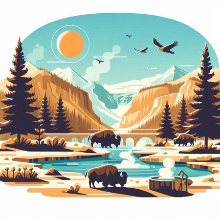 Landscape with mountains, lake and forest. Vector illustration in retro style.のイラスト素材