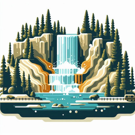 Waterfall in the mountains. Waterfall in the forest. Vector illustrationのイラスト素材