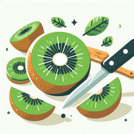 Sliced kiwi with knife and fork. Vector illustration.のイラスト素材