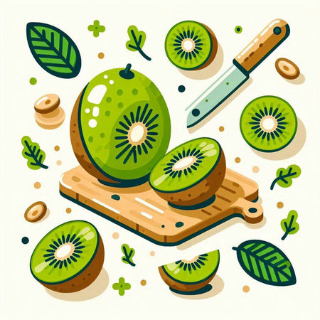 Vector illustration of kiwi fruit with green leaves and knife.のイラスト素材