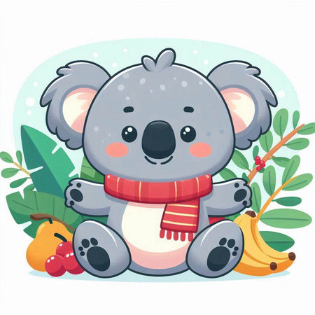 Cute koala with a scarf and fruit. Vector illustration.のイラスト素材