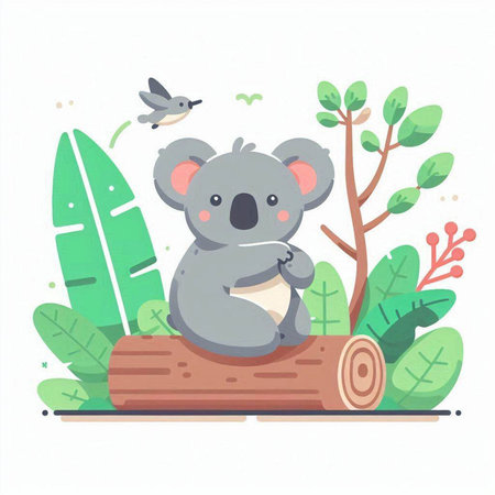 Cute koala sitting on a log in the jungle. Vector illustrationのイラスト素材
