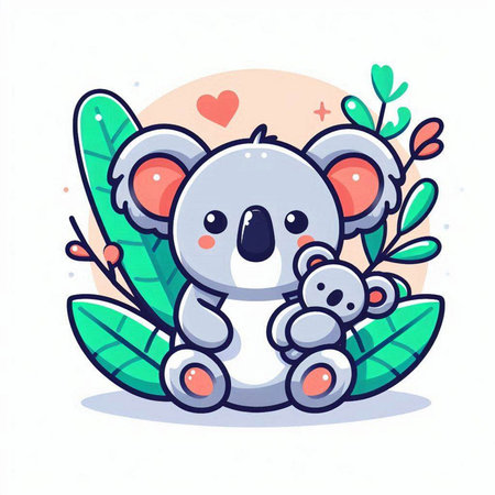 Cute cartoon koala sitting on the leaves. Vector illustration.のイラスト素材