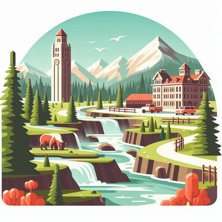Landscape with mountains, river and houses. Vector illustration in flat styleのイラスト素材
