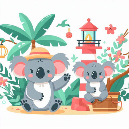 Cute cartoon koala with lantern, palm tree, lantern. Vector illustration.のイラスト素材