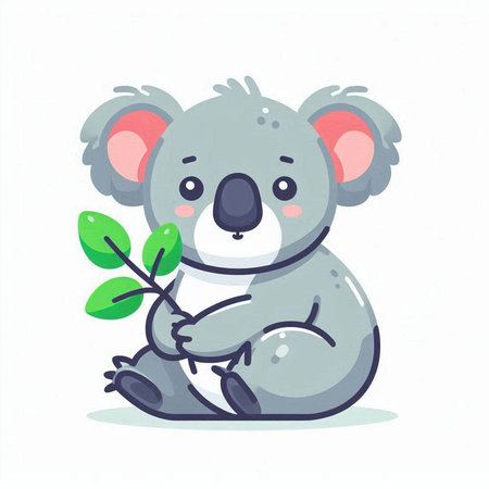 Cute cartoon koala holding a green leaf. Vector illustration.のイラスト素材