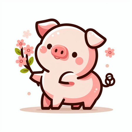 Cute pig with flowers and leaves. Vector illustration in cartoon style.のイラスト素材