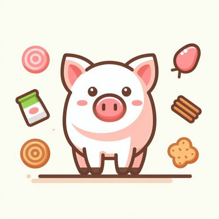 Cute piggy with sweets. Vector illustration in flat style.のイラスト素材