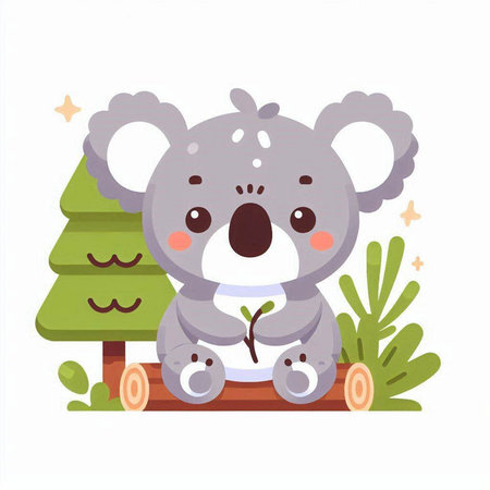 Cute koala sitting on a log in the forest. Vector illustration.のイラスト素材