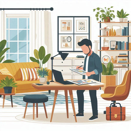 Man working at home. Flat style vector illustration. Cartoon character.のイラスト素材