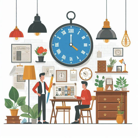 Time management concept. Vector illustration in flat design style. Businessmen working in office.のイラスト素材