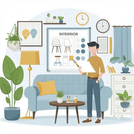 Interior of living room with furniture and man reading a book. Vector illustrationのイラスト素材