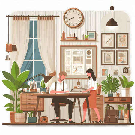 Vector illustration of office interior with man and woman sitting at desk and workingのイラスト素材