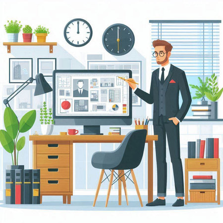 Businessman in office interior. Vector illustration in flat cartoon style.のイラスト素材