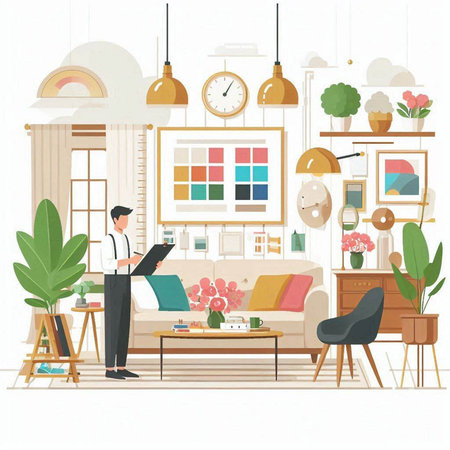 Living room interior with sofa, coffee table, armchair, bookshelf, coffee table, window and plants. Flat style vector illustration.のイラスト素材
