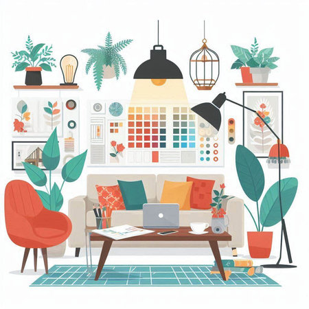Living room interior design with furniture, sofa, coffee table, lamp, plants and accessories. Vector illustration.のイラスト素材
